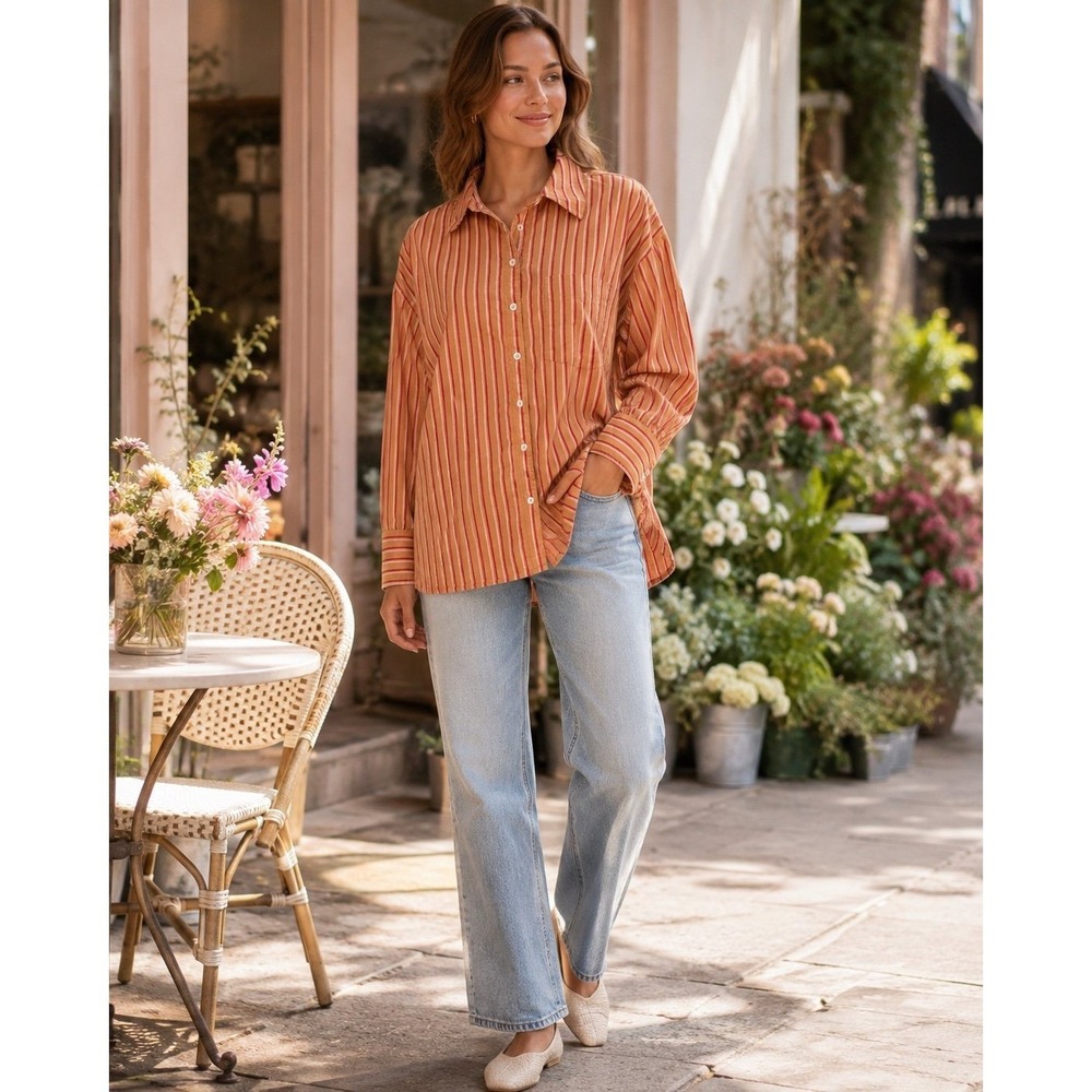 Maeve Anthropologie Striped Oversized Button Down Shirt M 100% Cotton